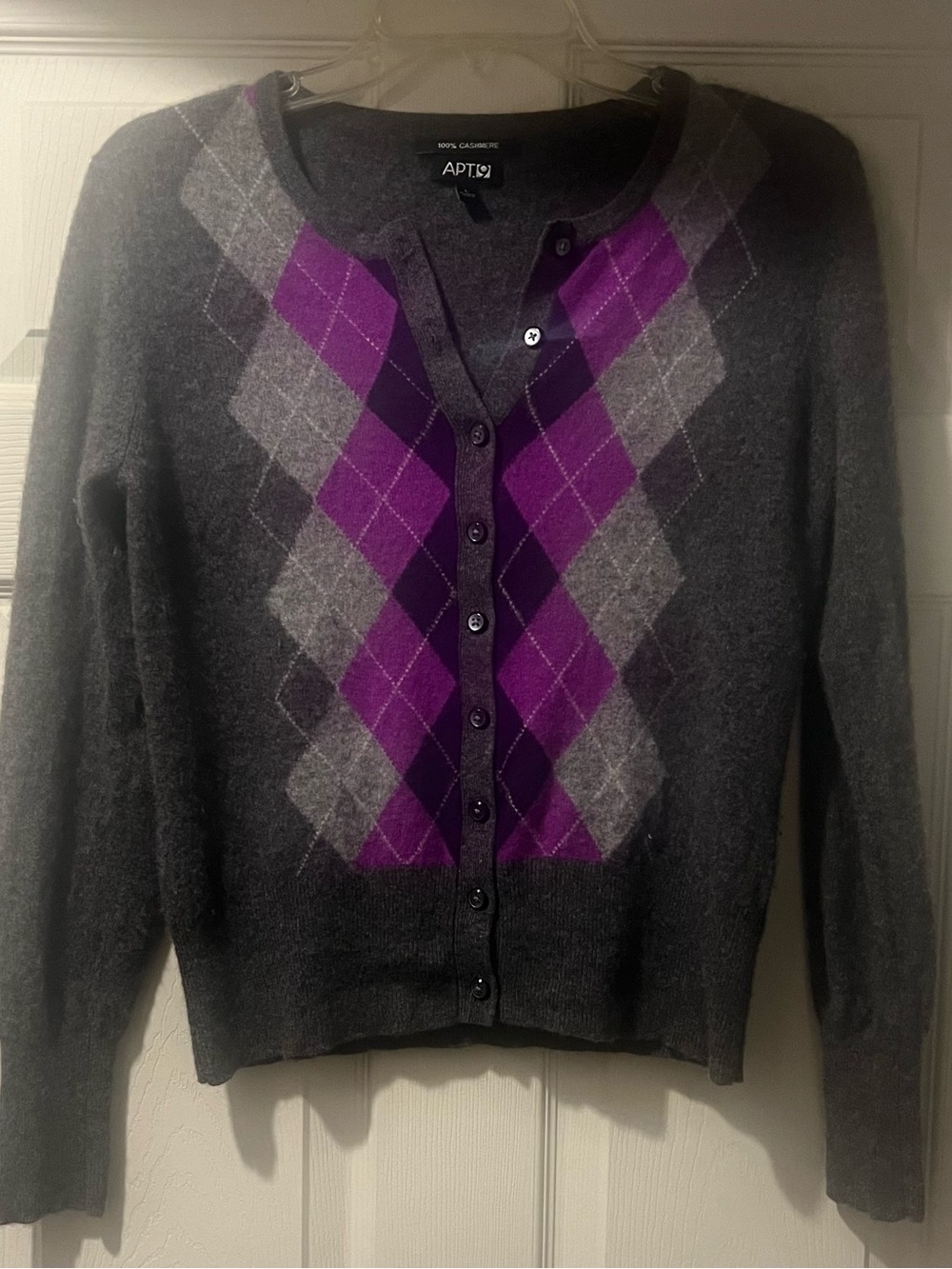Apt. 9 Charcoal Gray Cashmere-Blend Argyle Cardigan with Purple Accents